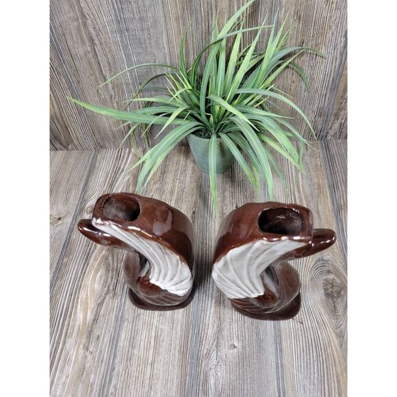 Vintage Swan Vases, Brown Drip MCM Art Deco 8-1/4" Redware Pottery - Picture 3 of 5